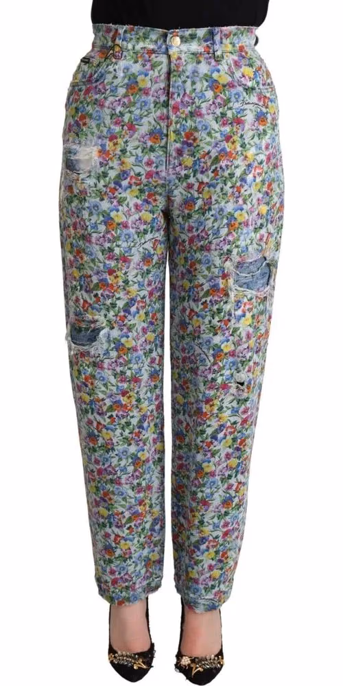 Blue Floral Print High Waist Denim Tapered Jeans