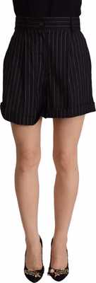 Black Stripes Wool High Waist Trouser Bermuda Shorts