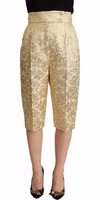 Beige Floral Brocade High Waist Trouser Cropped Pants 1