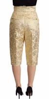Beige Floral Brocade High Waist Trouser Cropped Pants 3