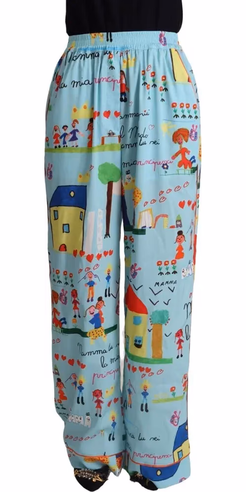 Light Blue Drawing Mid Waist Wide Leg Pants
