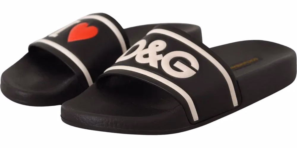 صندل سلايد أسود من الجلد بشعار I LOVE D&G