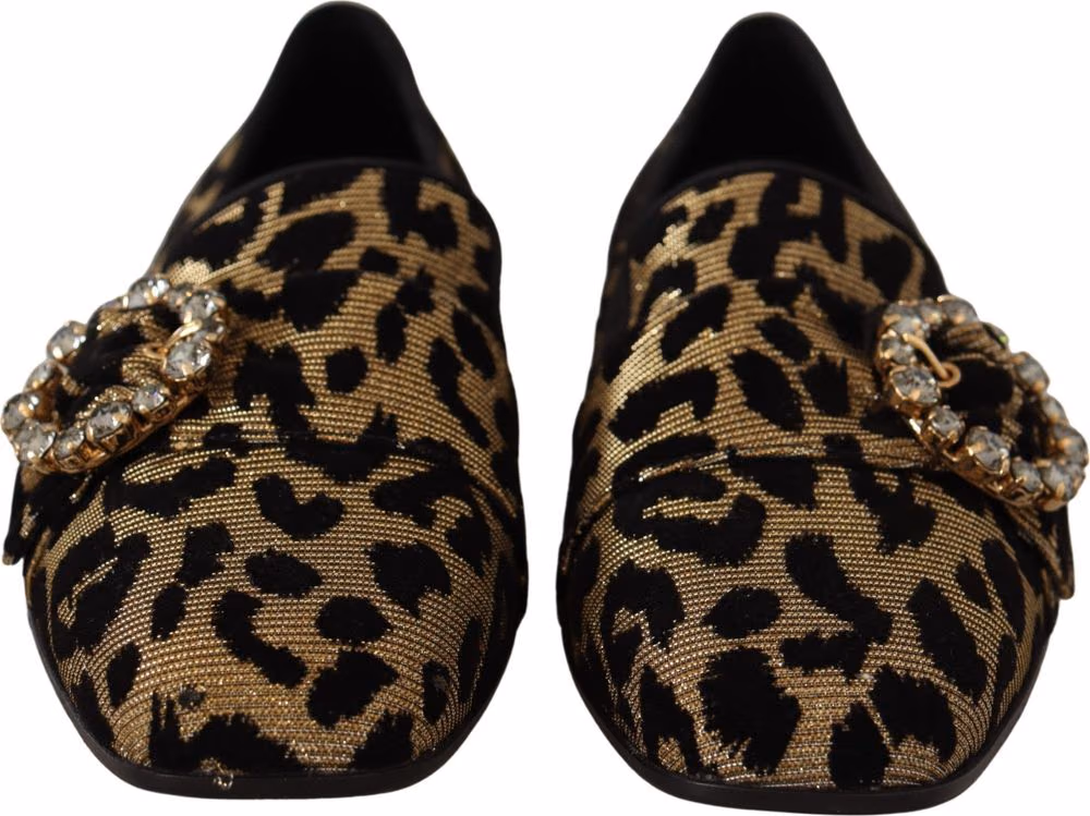 Gold Leopard Print Crystals Loafers Shoes