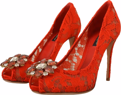 Red Taormina Lace Crystal Heels Pumps