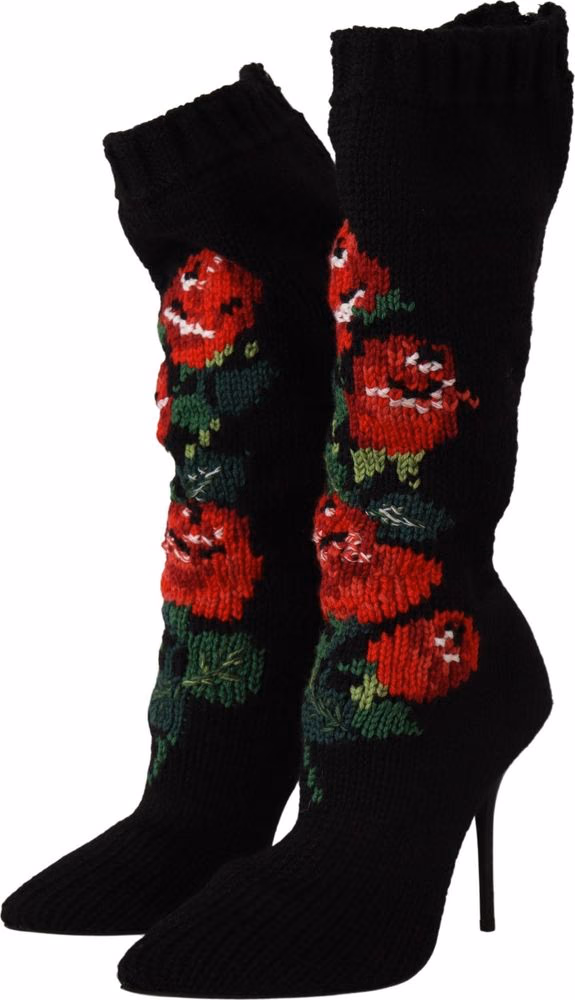 Black Stretch Socks Red Roses Booties Shoes