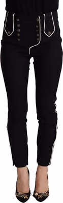 Black Mid Waist Button Embellished Slim Fit Pants