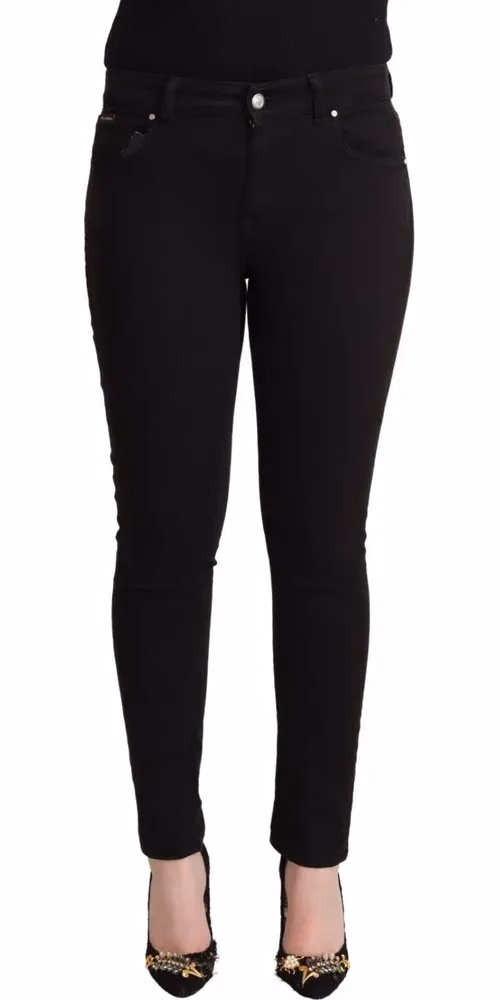Black Cotton Mid Waist Denim Slim Fit Jeans