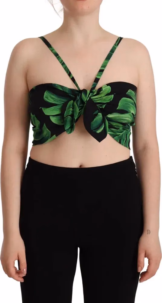 Black Green Leaf Silk Halter Cropped Top
