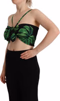 Black Green Leaf Silk Halter Cropped Top 2