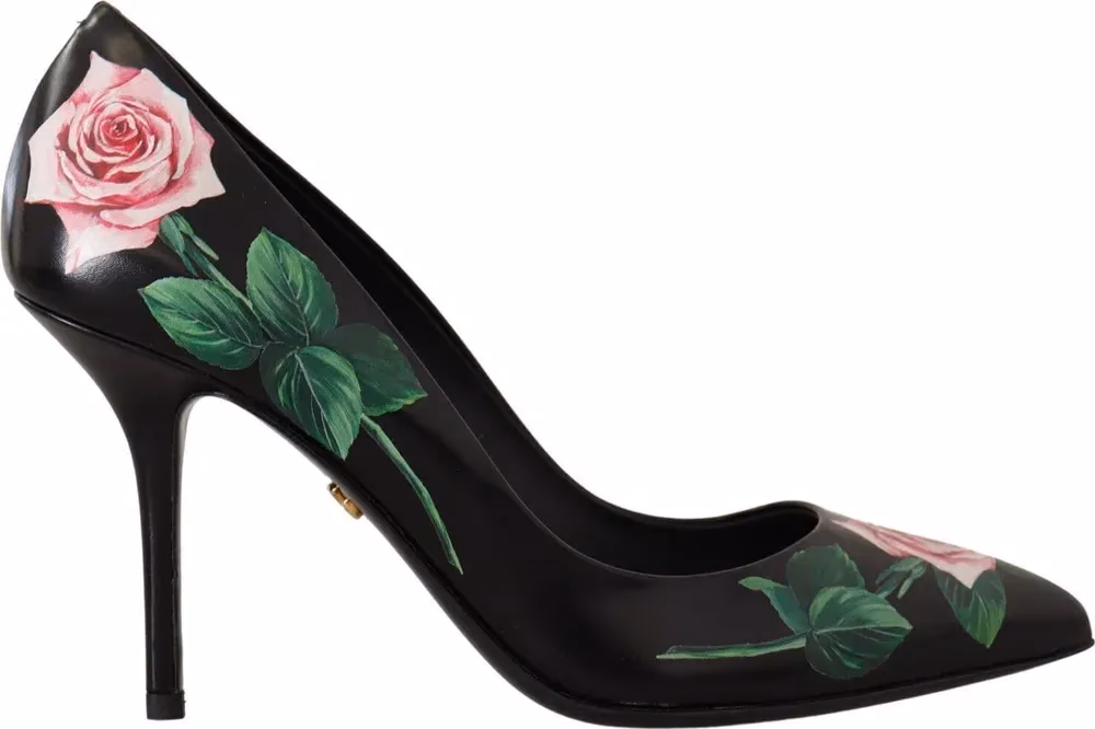 Black Leather Roses High Heels Pumps Shoes