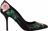 Black Leather Roses High Heels Pumps Shoes 1