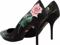 Black Leather Roses High Heels Pumps Shoes 4