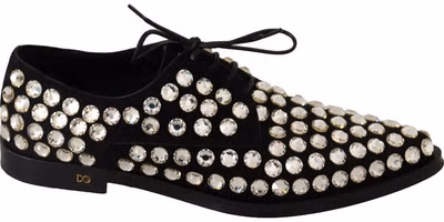 Black Leather Crystals Lace Up Formal Shoes