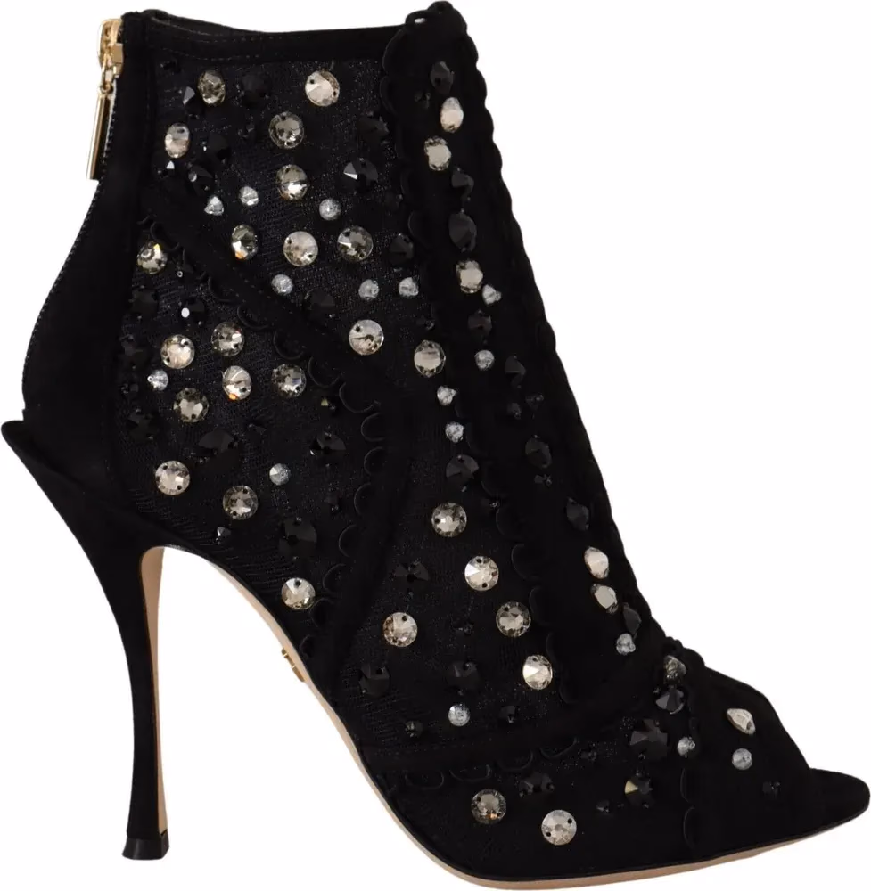 Black Crystals Heels Zipper Short Boots Shoes
