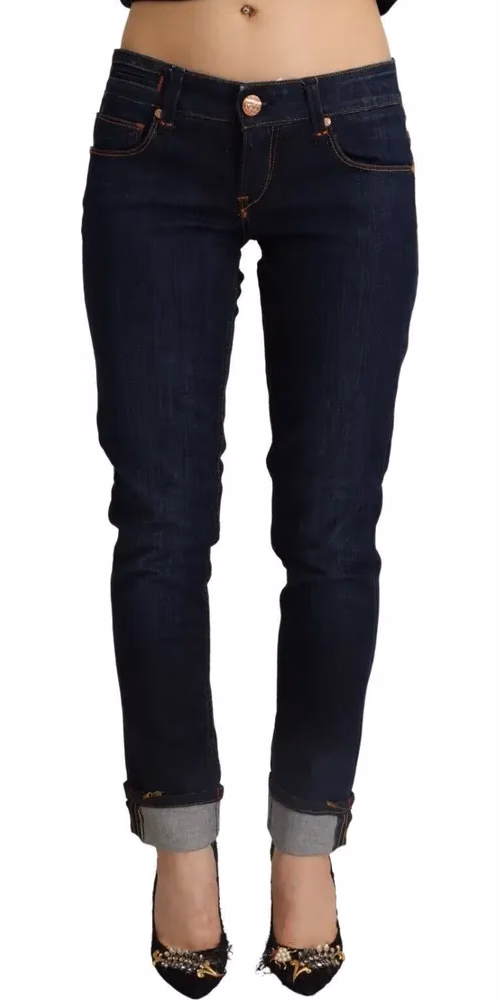 Blue Cotton Low Waist Slim Fit Denim Women Trouser Jeans