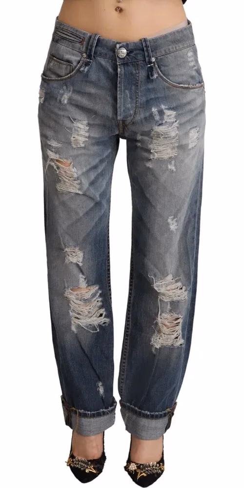 Blue Tattered Mid Waist Straight Denim Cotton Jeans
