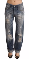 Blue Tattered Mid Waist Straight Denim Cotton Jeans 1