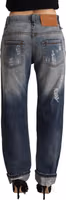 Blue Tattered Mid Waist Straight Denim Cotton Jeans 3