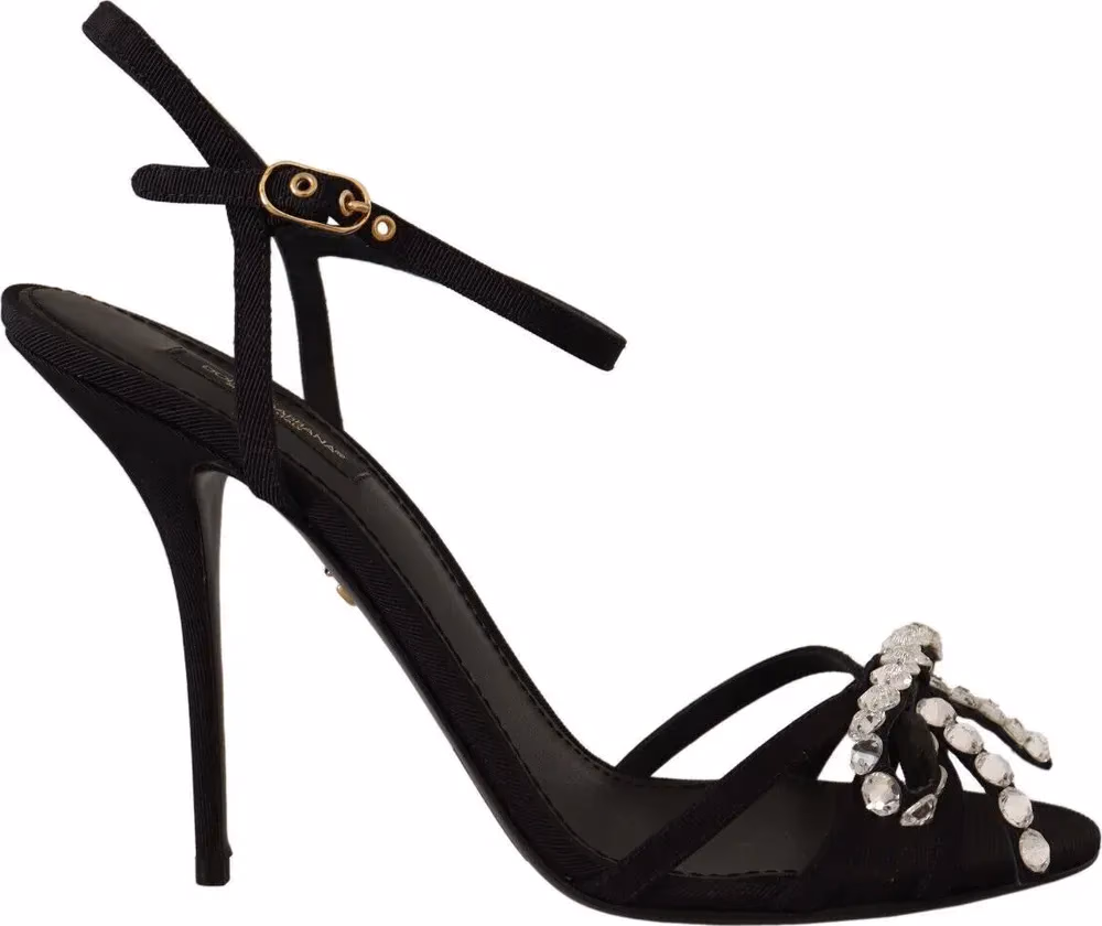 Black Crystals Ankle Strap Heels Sandals Shoes