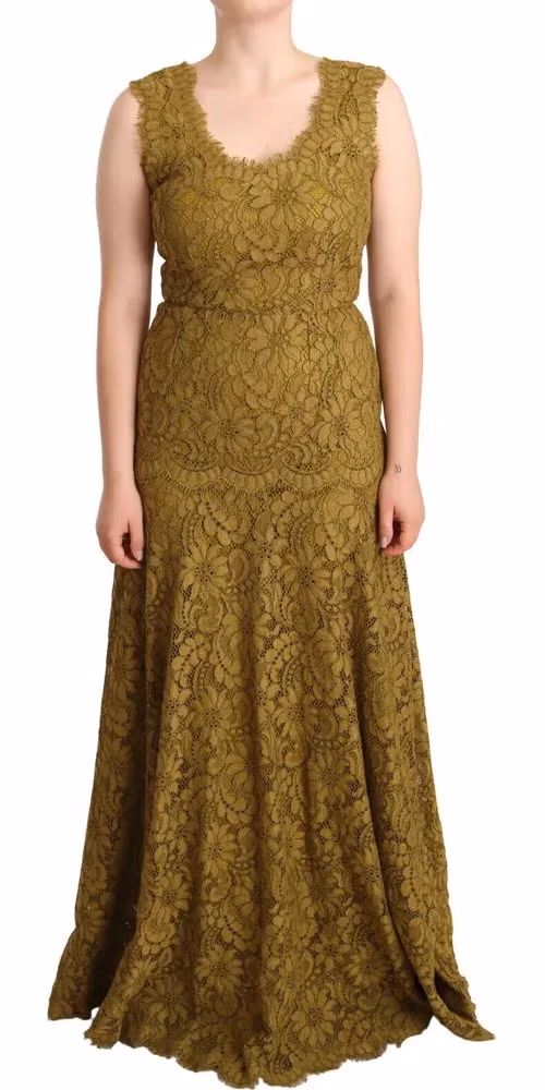 Brown Floral Lace Maxi Floor Length Dress