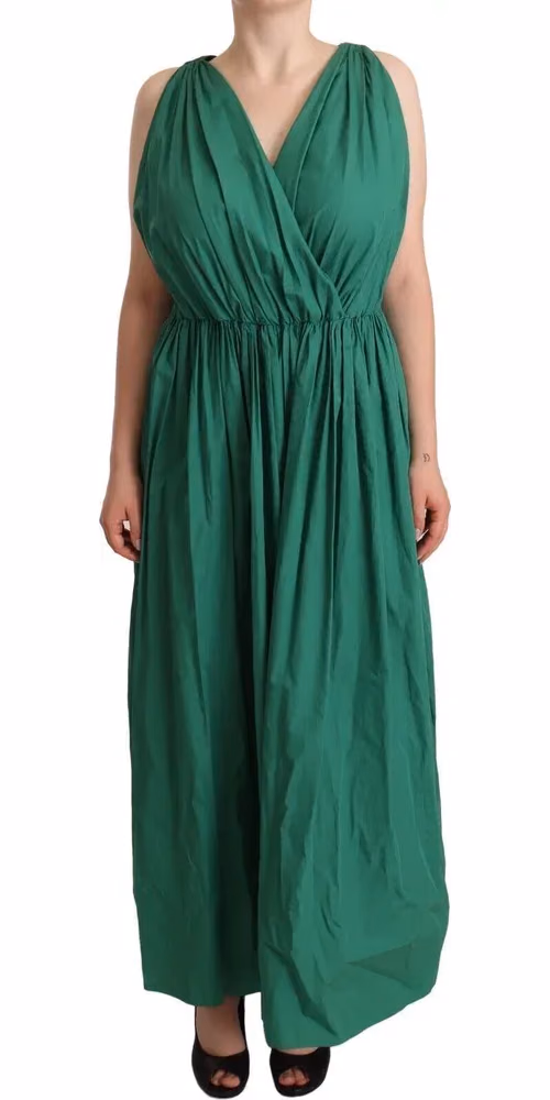 Green Cotton Sleeveless V-neck Dress