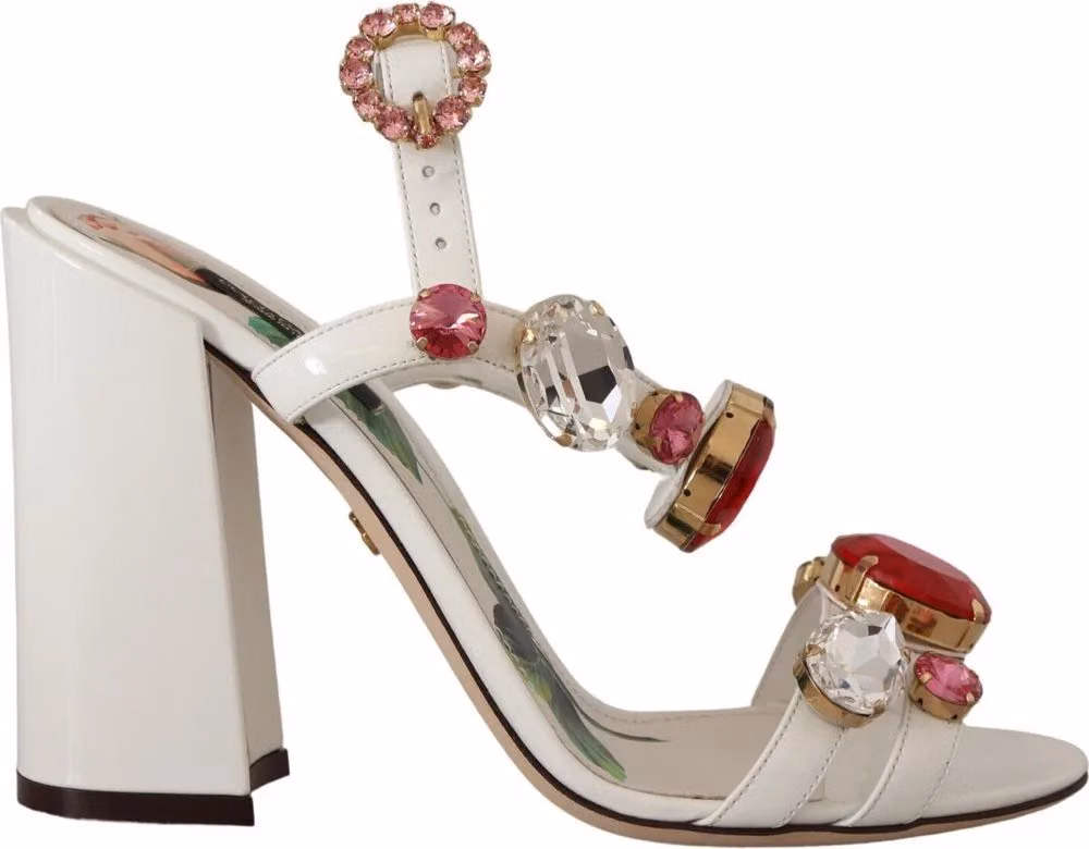 White Leather Crystal Keira Heels Sandals Shoes