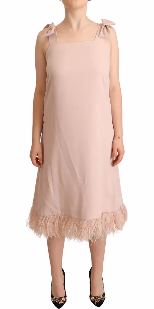 فستان ميدي وردي بلا أكمام من البوليستر بتفاصيل من الريش