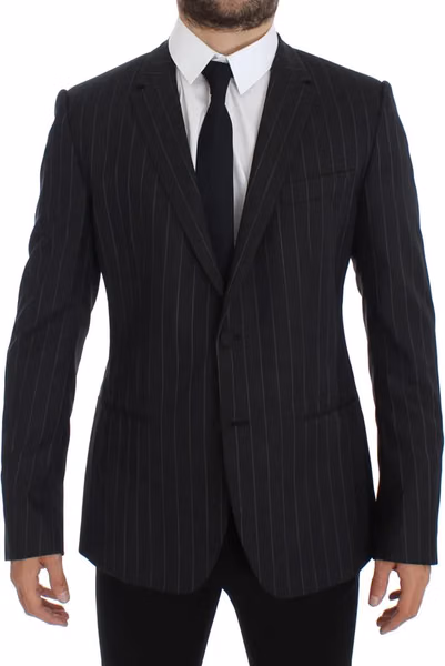 Gray Striped Slim Fit Wool Blazer