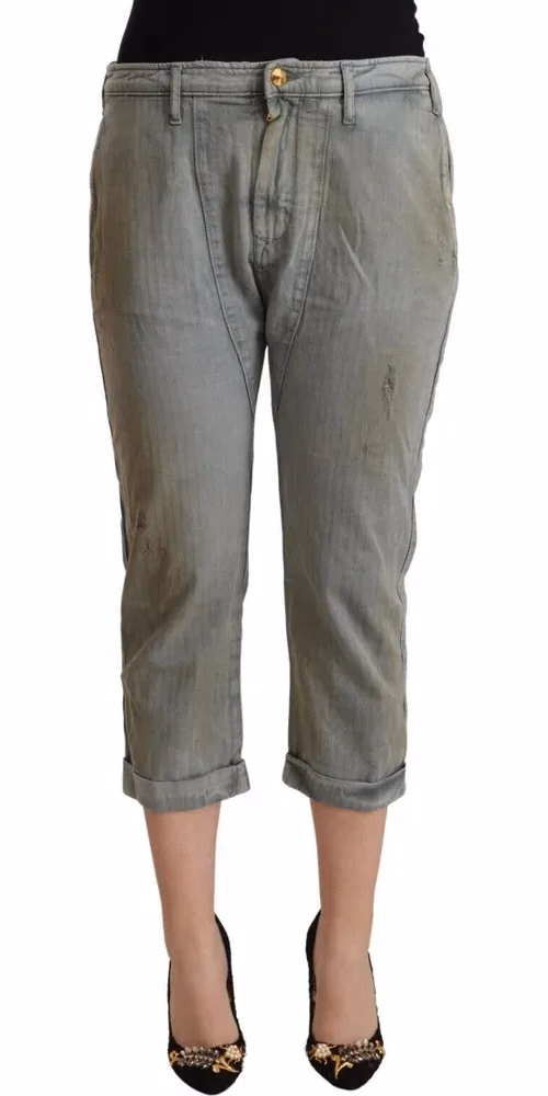Gray 100% Cotton Mid Waist Skinny Cropped Pants