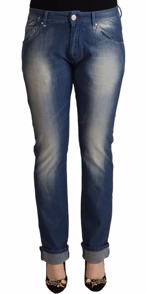 Blue Washed Mid Waist Folded Hem Skinny Jeans