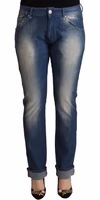 Blue Washed Mid Waist Folded Hem Skinny Jeans 1