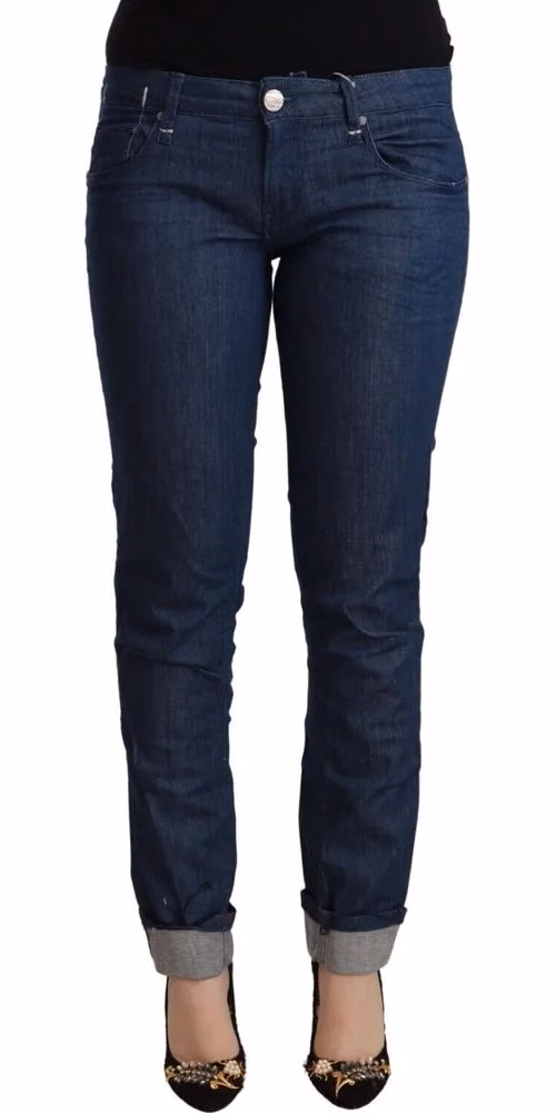 Blue Cotton Low Waist Skinny Denim Folded Hem Jeans
