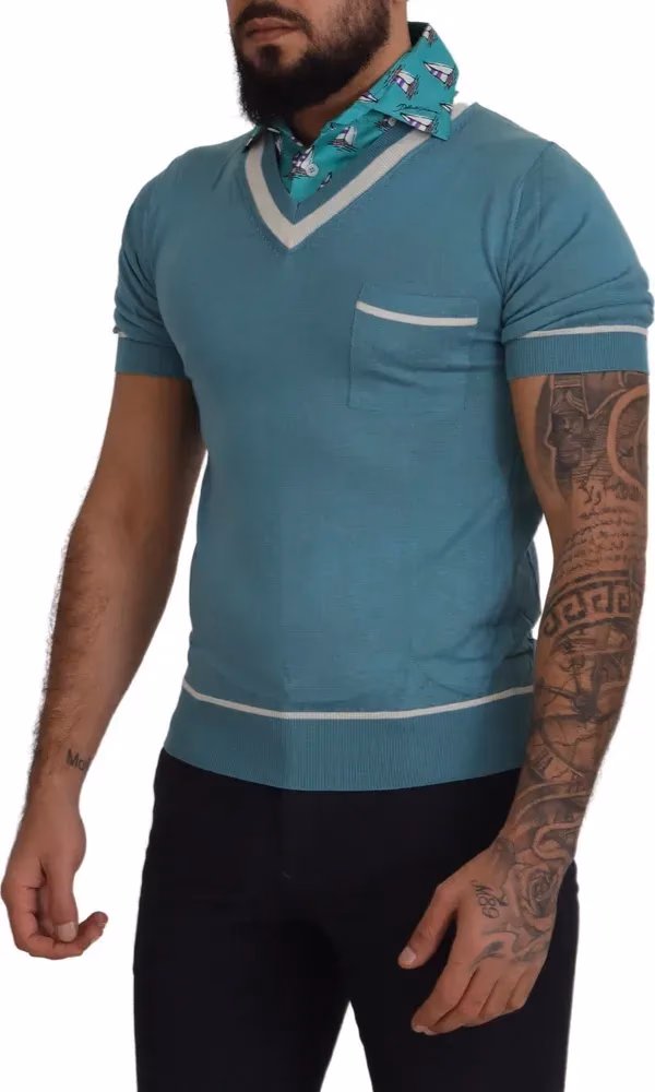 Blue Silk Polo Top Mens V-neck T-shirt