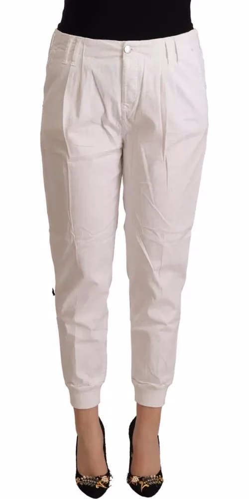 White Cotton Mid Waist Tapered Cropped Pants