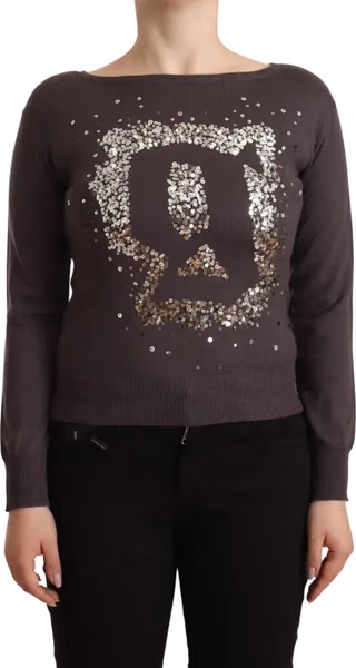 Brown Wool Sequined Long Sleeves Pullover Sweater