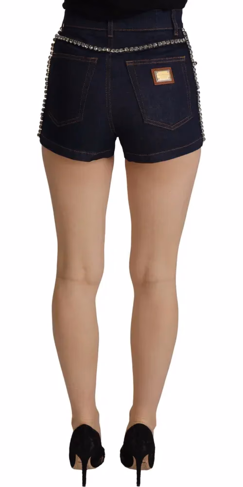 Blue Denim Stretch Crystal Hot Pants Shorts