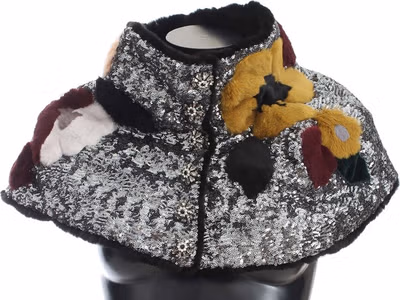 Silver Sequined Floral Weasel Fur Shoulder Scarf Wrap