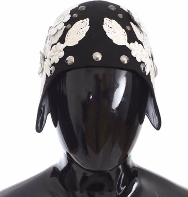 Black Wool White Floral Gold Leaf Hat