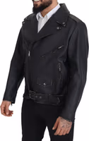 Black Leather Biker Coat Zipper Jacket 1