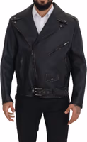 Black Leather Biker Coat Zipper Jacket 4