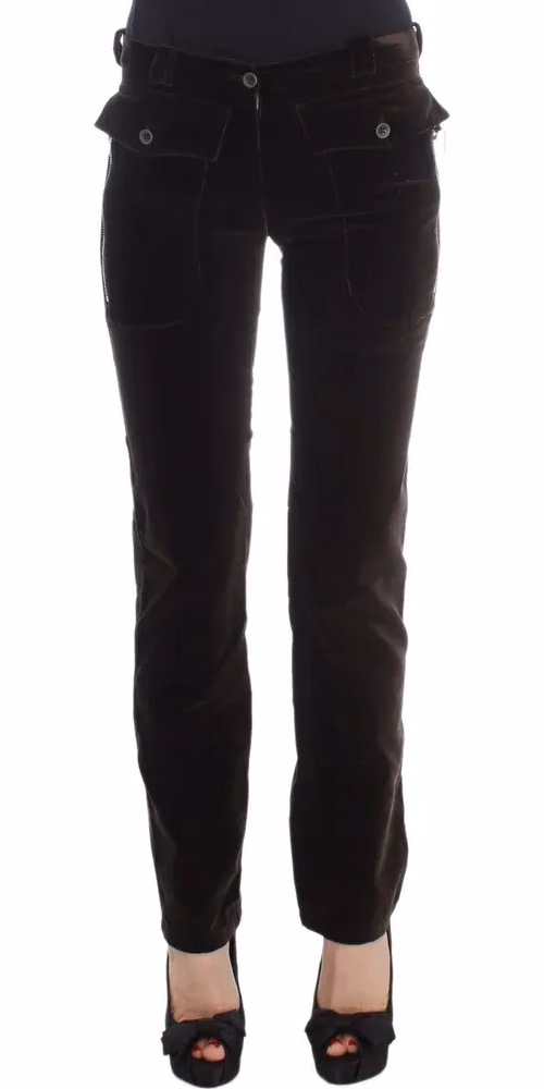 Brown Cotton Velvet Zippers Slim Fit Pants