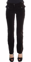 Brown Cotton Velvet Zippers Slim Fit Pants 1