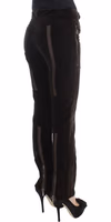 Brown Cotton Velvet Zippers Slim Fit Pants 4