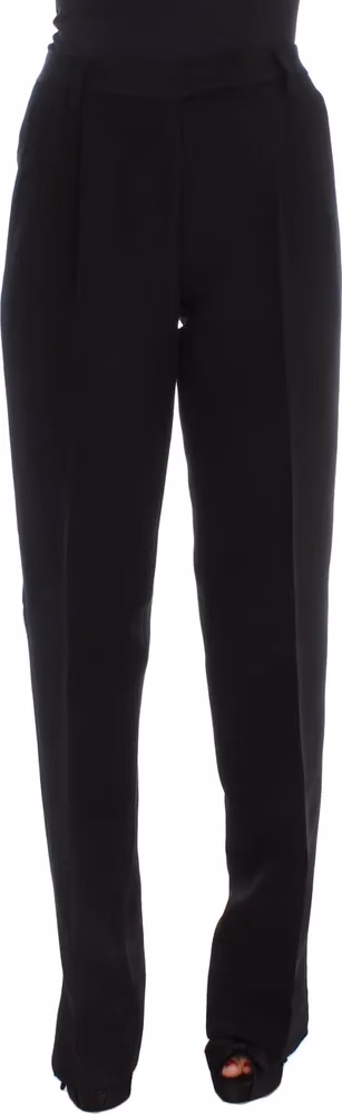 Black Striped Cotton Blend Wide Legs Pants