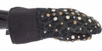 Gray Wool Shearling Studded Green Leopard Gloves 1