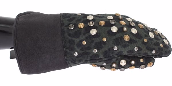 Gray Wool Shearling Studded Green Leopard Gloves