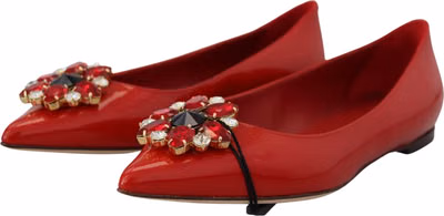 Red Leather Crystals Loafers Flats Shoes