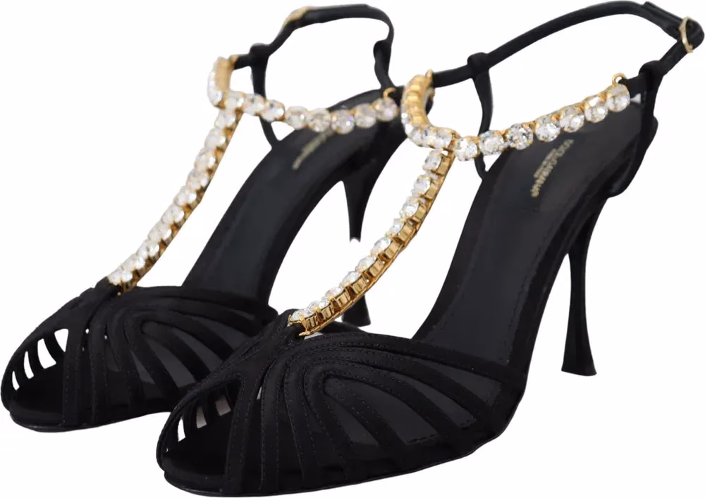 Black Satin Clear Crystal T-strap Sandal Shoes