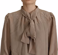 Brown Waistband Sleeves Ascot Collar Top Blouse 2