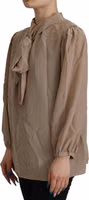 Brown Waistband Sleeves Ascot Collar Top Blouse 4